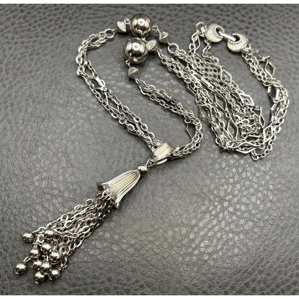 Vintage Silver Tone Tassel Fringe Pendant Necklace Multi Strand Beaded Chain 22
